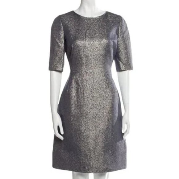❤️AKRIS Blue Gray Metallic Half Sleeve Textured Silk Knee Cocktail Dress 12 - Picture 1 of 6